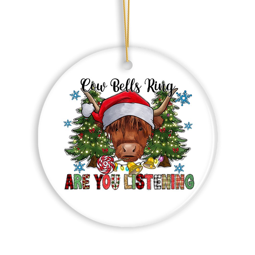 Cow Bells Ring Are You Listening Christmas Ornament Highland Cow with Santa Hat White Background