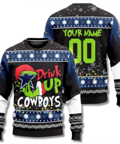 Custom Name & Number Dallas Cowboys Drink Up Grinch Ugly Christmas Sweater 2025