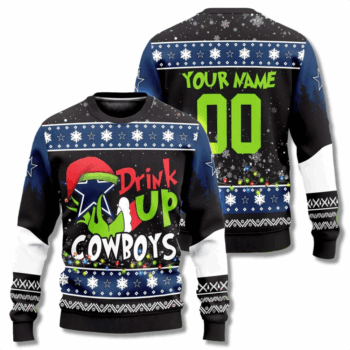 Custom Name & Number Dallas Cowboys Drink Up Grinch Ugly Christmas Sweater 2025