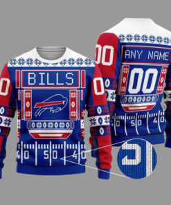 Custom Name Number Football League Buffalo Bills Playing Field Ugly Christmas Sweater 2025