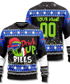 Custom Name & Number Grinch Drink Up Buffalo Bills Ugly Christmas Sweater 2025