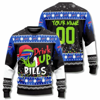 Custom Name & Number Grinch Drink Up Buffalo Bills Ugly Christmas Sweater 2025