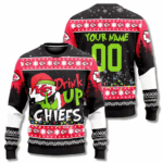 Custom Name & Number Grinch Drink Up Kansas City Chiefs Ugly Christmas Sweater 2025