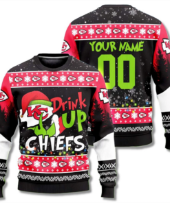 Custom Name & Number Grinch Drink Up Kansas City Chiefs Ugly Christmas Sweater 2025