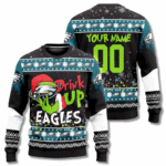 Custom Name & Number Philadelphia Eagles Drink Up Grinch Ugly Christmas Sweater 2025