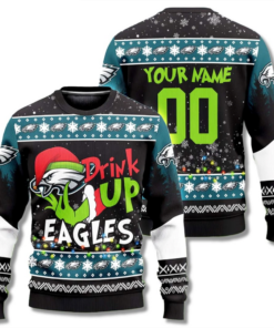 Custom Name & Number Philadelphia Eagles Drink Up Grinch Ugly Christmas Sweater 2025