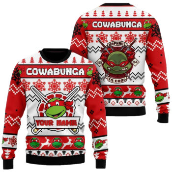 Custom Name Teenage Mutant Ninja Turtles Leonardo, Donatello, Raphael, Michelangelo Ugly Christmas Sweater 2025 Red