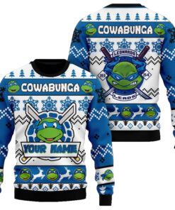 Custom Name Teenage Mutant Ninja Turtles Leonardo Leads Ugly Christmas Sweater 2025 Blue