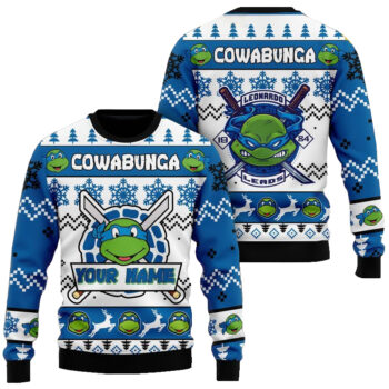 Custom Name Teenage Mutant Ninja Turtles Leonardo Leads Ugly Christmas Sweater 2025 Blue
