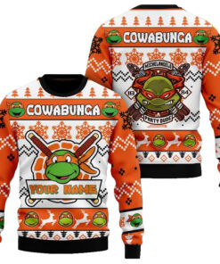 Custom Name Teenage Mutant Ninja Turtles Michelangelo Party Dude Ugly Christmas Sweater 2025 Orange