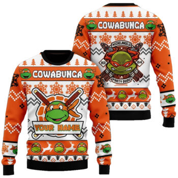 Custom Name Teenage Mutant Ninja Turtles Michelangelo Party Dude Ugly Christmas Sweater 2025 Orange