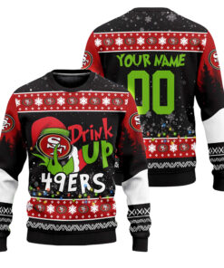 Custom Name and Number 2025 49ers Drink Up Grnch Christmas Ugly Sweater