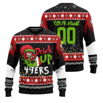 Custom Name and Number 2025 49ers Drink Up Grnch Christmas Ugly Sweater