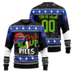 Custom Name and Number 2025 Bills Drink Up Grnch Christmas Ugly Sweater