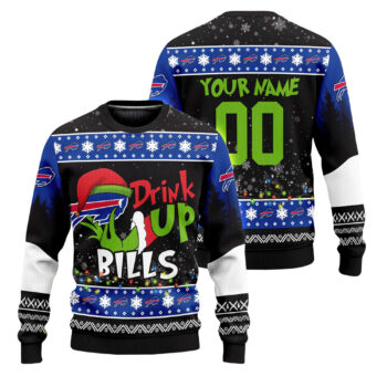 Custom Name and Number 2025 Bills Drink Up Grnch Christmas Ugly Sweater
