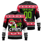 Custom Name and Number 2025 Chiefs Drink Up Grnch Christmas Ugly Sweater