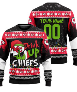 Custom Name and Number 2025 Chiefs Drink Up Grnch Christmas Ugly Sweater