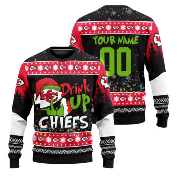 Custom Name and Number 2025 Chiefs Drink Up Grnch Christmas Ugly Sweater