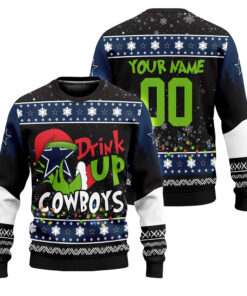 Custom Name and Number 2025 Cowboys Drink Up Grnch Christmas Ugly Sweater