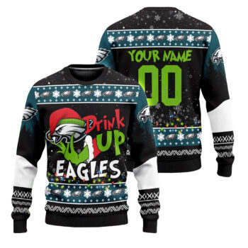 Custom Name and Number 2025 Eagles Drink Up Grnch Christmas Ugly Sweater