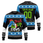 Custom Name and Number 2025 Lions Drink Up Grnch Christmas Ugly Sweater