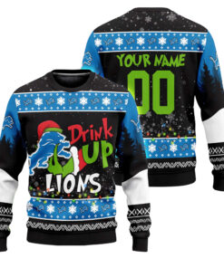 Custom Name and Number 2025 Lions Drink Up Grnch Christmas Ugly Sweater