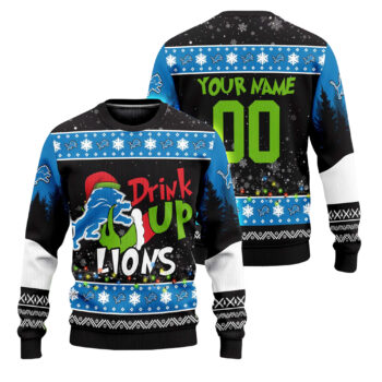 Custom Name and Number 2025 Lions Drink Up Grnch Christmas Ugly Sweater