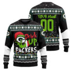 Custom Name and Number 2025 Packers Drink Up Grnch Christmas Ugly Sweater