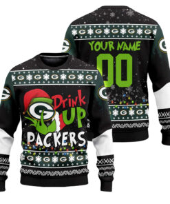 Custom Name and Number 2025 Packers Drink Up Grnch Christmas Ugly Sweater