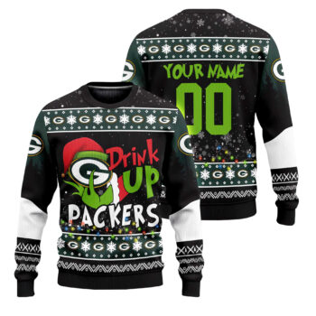 Custom Name and Number 2025 Packers Drink Up Grnch Christmas Ugly Sweater