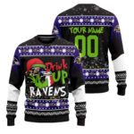 Custom Name and Number 2025 Ravens Drink Up Grnch Christmas Ugly Sweater
