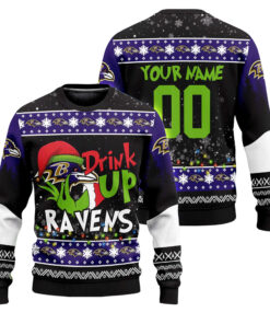 Custom Name and Number 2025 Ravens Drink Up Grnch Christmas Ugly Sweater