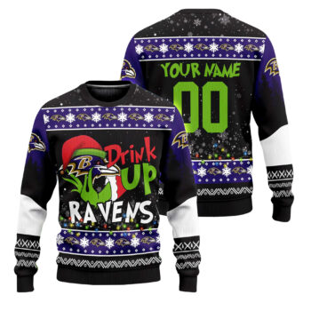 Custom Name and Number 2025 Ravens Drink Up Grnch Christmas Ugly Sweater