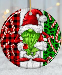 Green Christmas Gnome Festive Holiday Ceramic Ornament, Candy Cane and Plaid