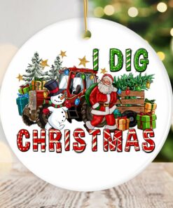 I Dig Christmas Santa and Snowman with Red Truck Ornament