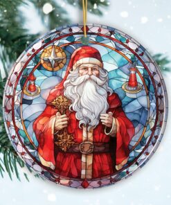 Stained Glass Themed Santa Claus Ceramic Ornament, Christmas Tree Decoration and Gift