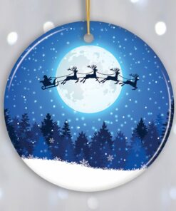Santa Claus and Reindeer Silhouette over Full Moon Ornament, Nighttime Forest Snow Scene