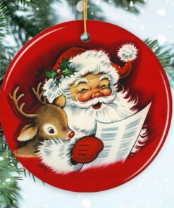 Santa and Baby Reindeer Singing a Christmas Carol Ornament