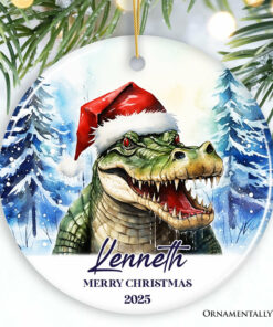 Alligator with Santa Hat Personalized Ornament, Winter Forest Christmas Gift With Custom Name and Date