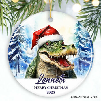 Alligator with Santa Hat Personalized Ornament, Winter Forest Christmas Gift With Custom Name and Date