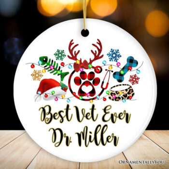 Pet Themed Buffalo Plaid Veterinarian Merry Christmas Ornament, Animal Owner Gift