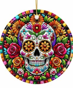 Floral Celebration Sugar Skull Stained Glass Style Ornament
