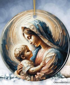Virgin Mary and Baby Jesus Gentle Embrace Ceramic Ornament, Iconic Oil Painting Gift And Décor