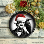 Gothic Edgar Allan Poe with Santa Hat And Raven Ornament, Spooky Halloween Tree Christmas Décor