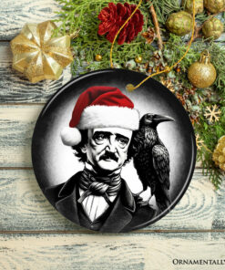 Gothic Edgar Allan Poe with Santa Hat And Raven Ornament, Spooky Halloween Tree Christmas Décor