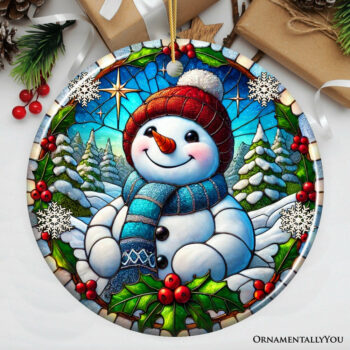 Frosty and Holly Snowman Ornament, Gift and Decor for Cheerful Winter Christmas Tree