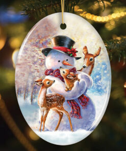 Charming Delicate Snowman and Fawns Christmas Ornament, Winter Deer Love Scene