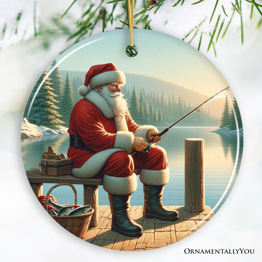For Product 01 Peaceful Fishing Session with Santa Claus Christmas Ornament Gift for Anglers Mockup Group 05