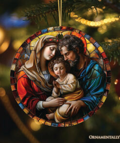 The Holy Embrace Stained Glass Themed Ceramic Ornament, Birth of Jesus Nativity Scene with Joseph and Mary