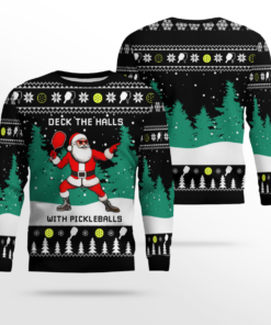 Funny Deck The Hall Pickleball Santa Ugly Christmas Sweater Black